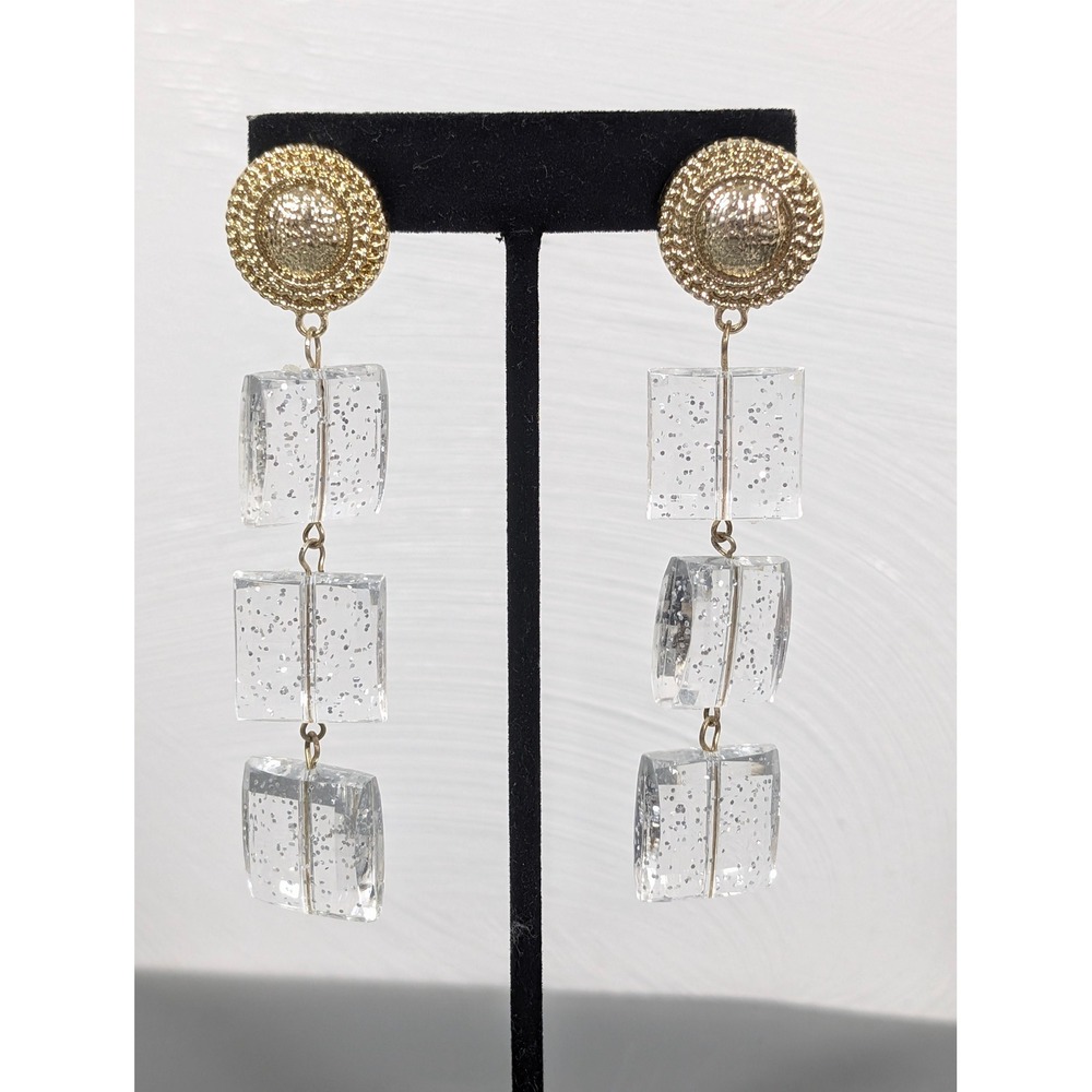 Long Clear Acrylic Dangle Earrings Silver Sparkle Statement Pierced‎ Geometric